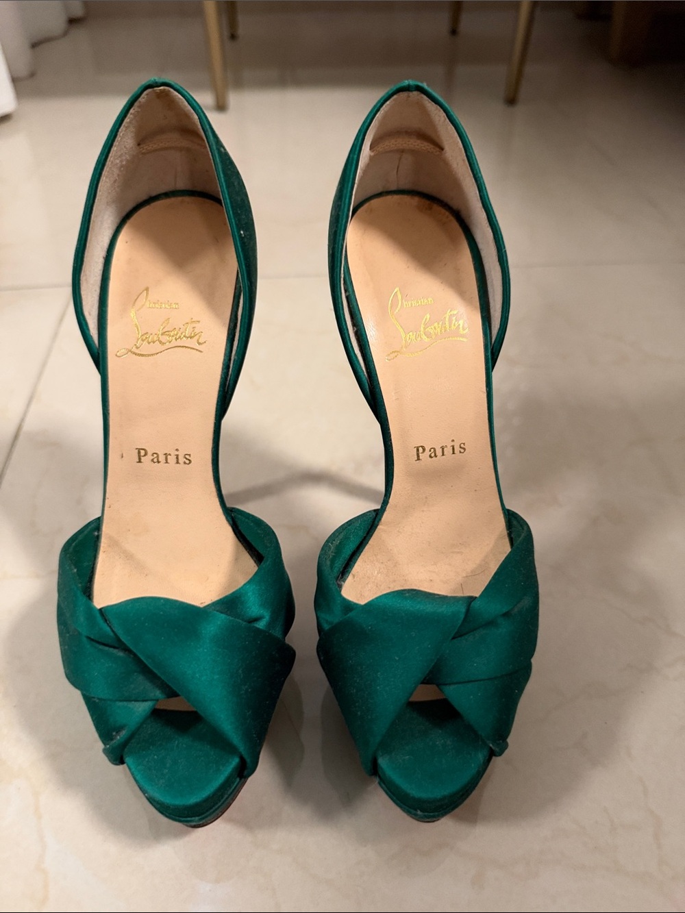 Christian Louboutin Emerald Satin Twist Peep-Toe D'Orsay Heels
